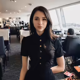 young lady sitting at a table in front of the camera, posing for the camera