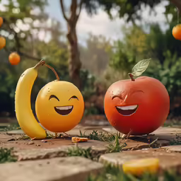 two apples and an apple sitting on top of a stone ground