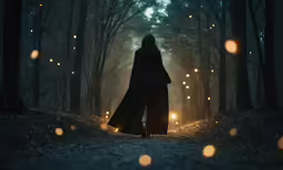 an image of a woman walking through the woods with lights