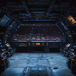 a view of a theatre with seats and neon lights