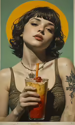 a woman holding a juice in her hands