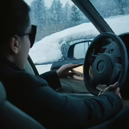 a woman sitting in a car with her hands on the steering wheel