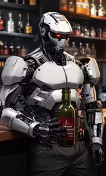 a man in a robot suit with a beer bottle