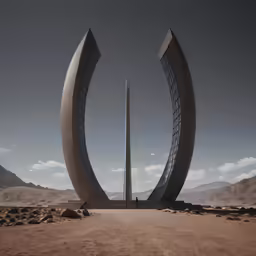 two large stone sculptures in the middle of a desert