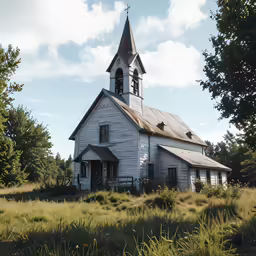 an old white building with steeple stands in the grass