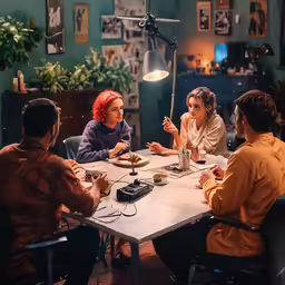 a group of people sitting around a table talking