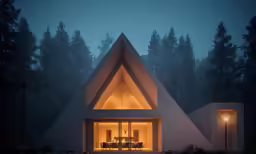 the triangular house is lit up by two lamps