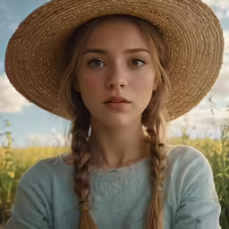 a beautiful young girl with long braid wearing a straw hat