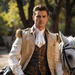 a man in costume and horse standing near trees