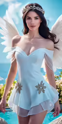 a woman wearing a short white dress and angel wings is posing for the camera