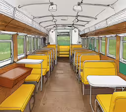 a train with seats and table and green grass,a bus filled with seats and yellow tables