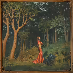 a painting of a woman in an orange dress looking away