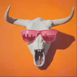 a steer wearing pink sunglasses with red shades