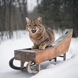 a brown and black cat laying on top of a sled