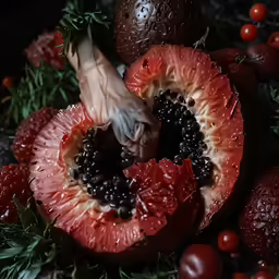someone putting fruit inside of a whole papaya