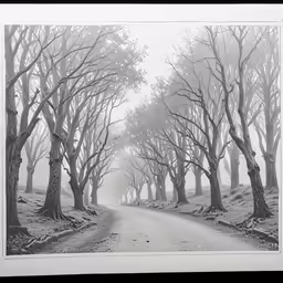 black and white photo of a road leading to trees