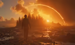 a person standing on a beach watching the sun go down