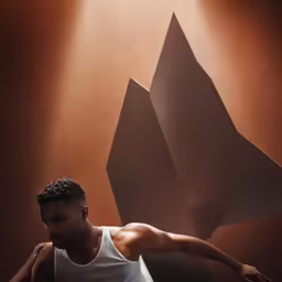 a man with the arms spread out near an abstract, stylized mountain