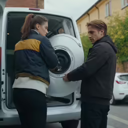 two people open the back door of a white van