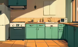 an illustration of kitchen with green cupboards and blue cabinets