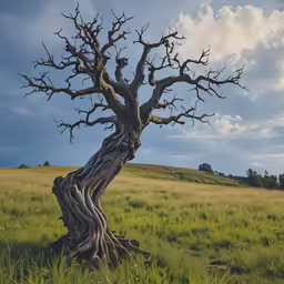 a strange, twisted tree with no leaves in a grassy field