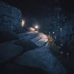 light shining on a stone path at night