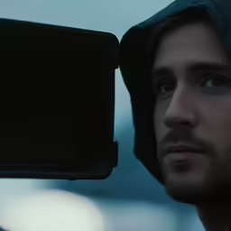 man with dark outfit holding a camera up to his face
