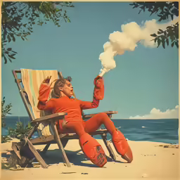 a man in orange on beach chair with smoking cigarette
