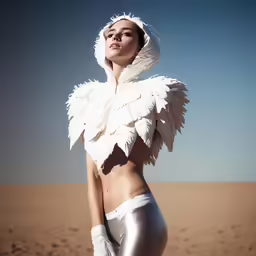 a model wearing white feathers in an airy setting