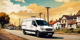 the big white van is driving down the street,a white van driving on a street under power lines
