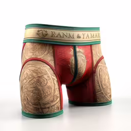 two underwear have an abstract pattern,a man wearing a tan and green underwear