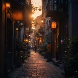 the street has bricked sidewalks on both sides