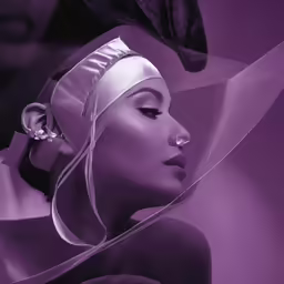 a woman with purple eyeshadows and feathers in her head