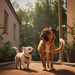 two small white and brown dogs standing next to each other