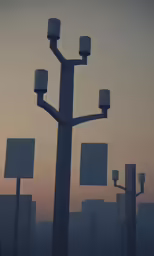 a night scene with street light posts and a tall light post