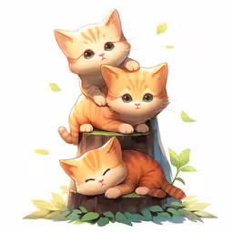 three cats are sitting on top of a tree stump,two orange kittens on top of a wood post