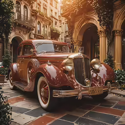old time car parked in front of a building with christmas tree decoration