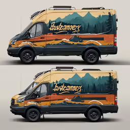 two van wraps featuring mountains and trees in yellow