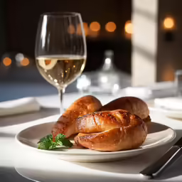 white wine sitting on a table next to food and a glass of wine