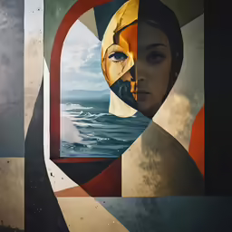 abstract composition of woman face with different color shapes