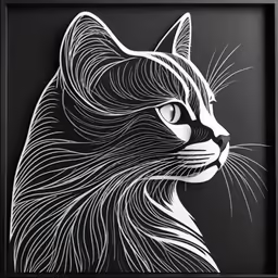 the head of a cat is featured in this intricate black and white woodcut pattern