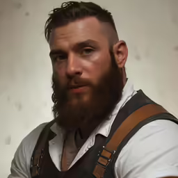 a bearded man with suspenders on has an up - and - coming undercut