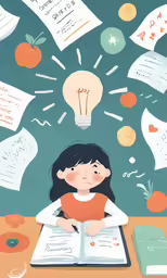 a young girl reading a book with a lot of different papers around her