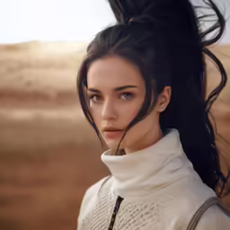 woman in a white turtleneck looks up to the sky