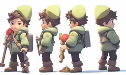 an animation of a boy with two hats and backpacks on, holding a rifle and a shell in one hand