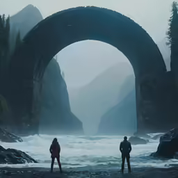 two people standing near water under an archway
