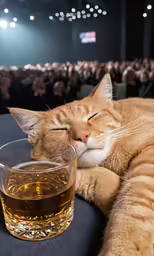 a cat sleeping next to a glass of alcohol