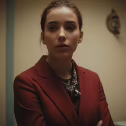a woman in a red blazer and flowers shirt stands looking at the camera