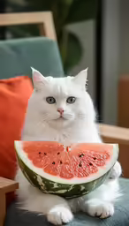 a white cat that is sitting in front of a watermelon
