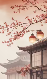 oriental building with cherry blossoms in front and light in the background